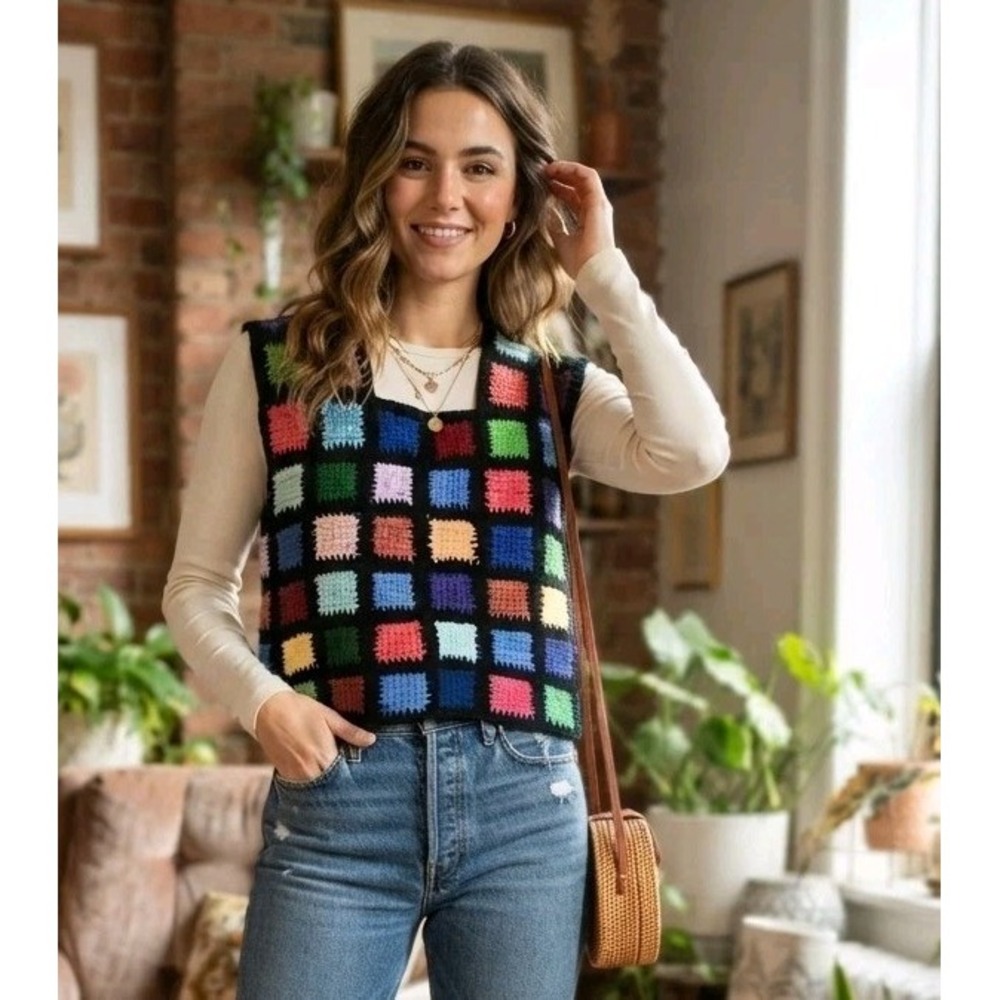 Handmade Crochet Granny Square Vest Multi Color Boho Vintage Festival Top Retro